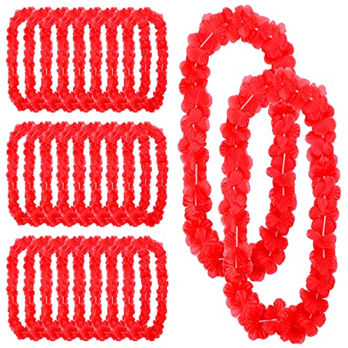Hoteam 24 Pcs Red Hawaiian Leis Bulk Ruffled Hula Aloha Flower Necklace