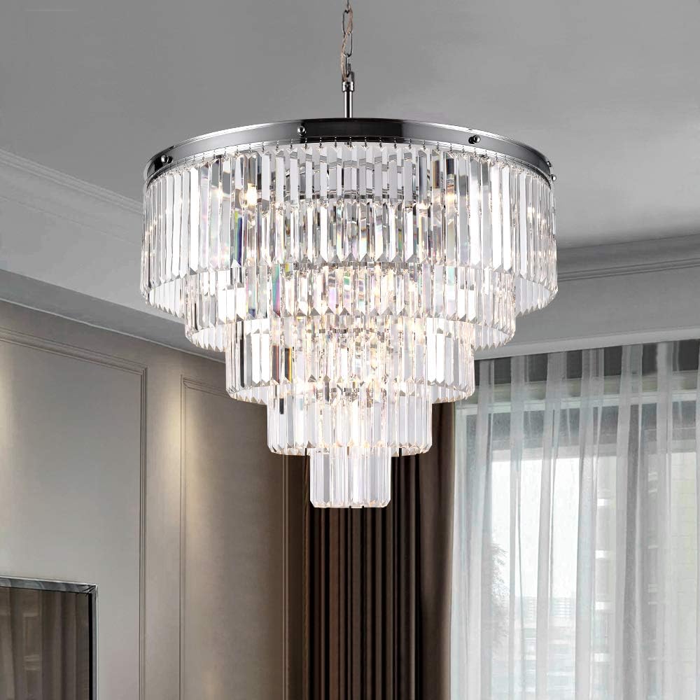 Maxax 5-Tier 12 Lights Crystal Chandeliers, Modern Contemporary Hanging Pendant, Adjustable Chandeliers Ceiling Light Fixture, E12 Base, for Dining Room, Living Room, Chrome