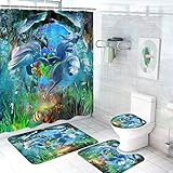 4 Pcs Dolphins Shower Curtain Sets with Non-Slip Rug, Toilet Lid Cover and Bath Mat, Underwater Fish...