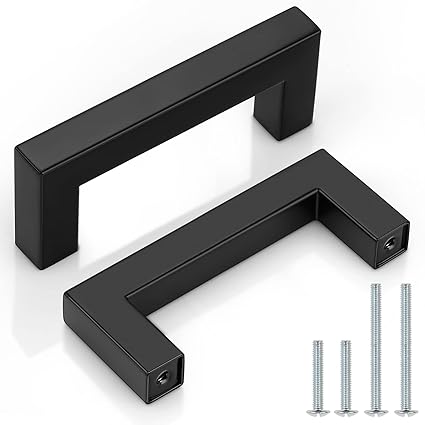 (25 Pack) Probrico Flat Black Cabinet Handles 3 Inch Hole Center Drawer Pulls Modern Square Cabinet Hardware Stainless Steel Kitchen Drawer Handles