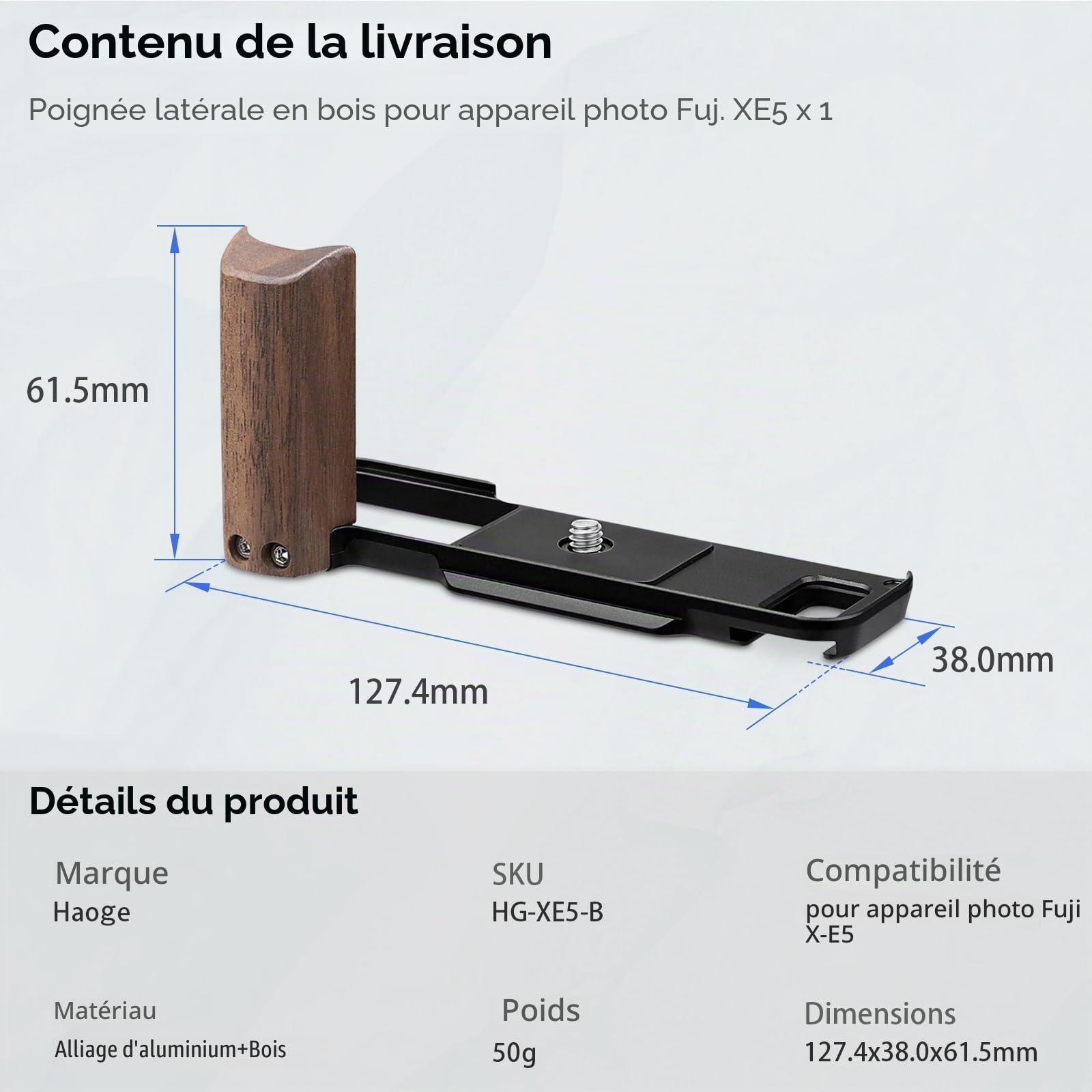 Haoge X-E5 HG-XE5-B Poignée en bois pour appareil photo Fujifilm XE5 Poignée en forme de L avec plaque de dégagement rapide Arca-Swiss System Trépied supplémentaire 1/4 trou Noir