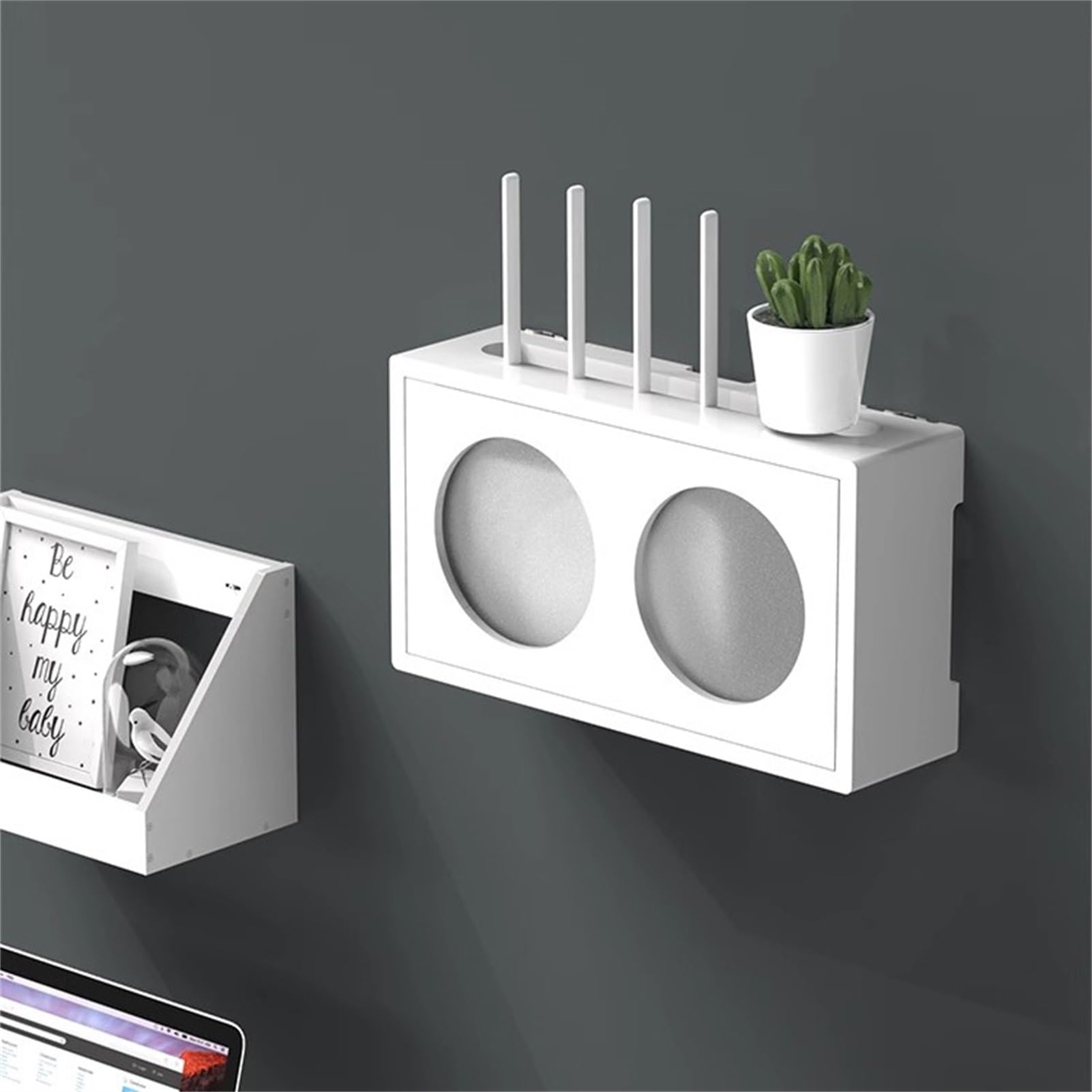 Generico Scatola portaoggetti in Legno per Router WiFi - Supporto Organizer da Parete con sportello in Acrilico Satinato per Console multimediale, Dvd, decoder, Telecomando - Elegante Decorazione BIA