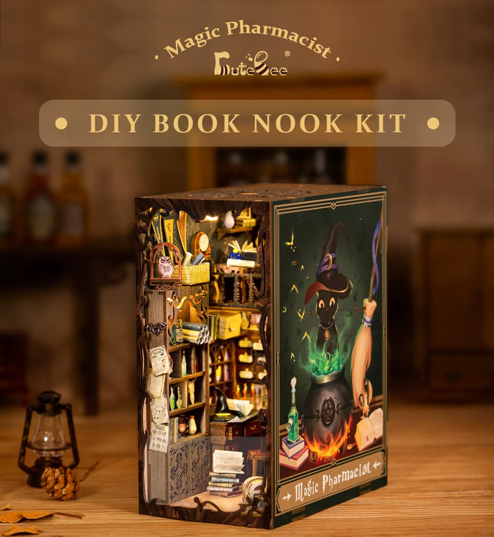CUTEBEE Book Nook Kit - DIY Miniature House Dollhouse Kit for Adults and Teens, 3D Wooden Puzzle Booknook Build Bookshelf Decor, Gifts for Family and Friends (Magic Pharmacist) 2