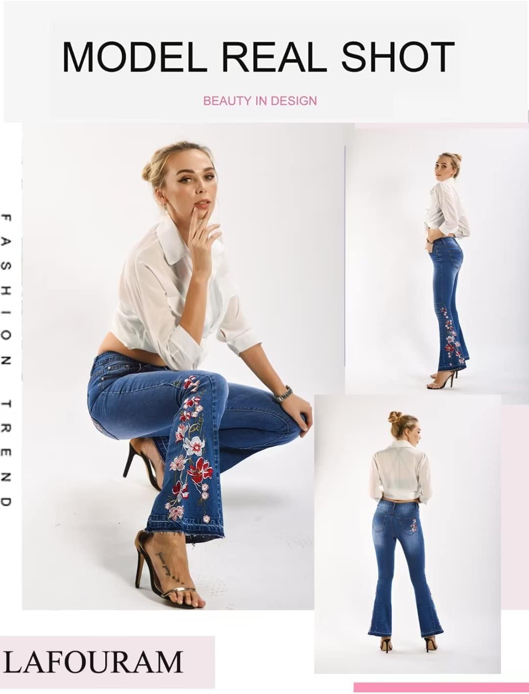 LAFOURAM Bell Bottom Jeans for Women High Waist Flared Wide Leg Floral Embroidered Denim Pants