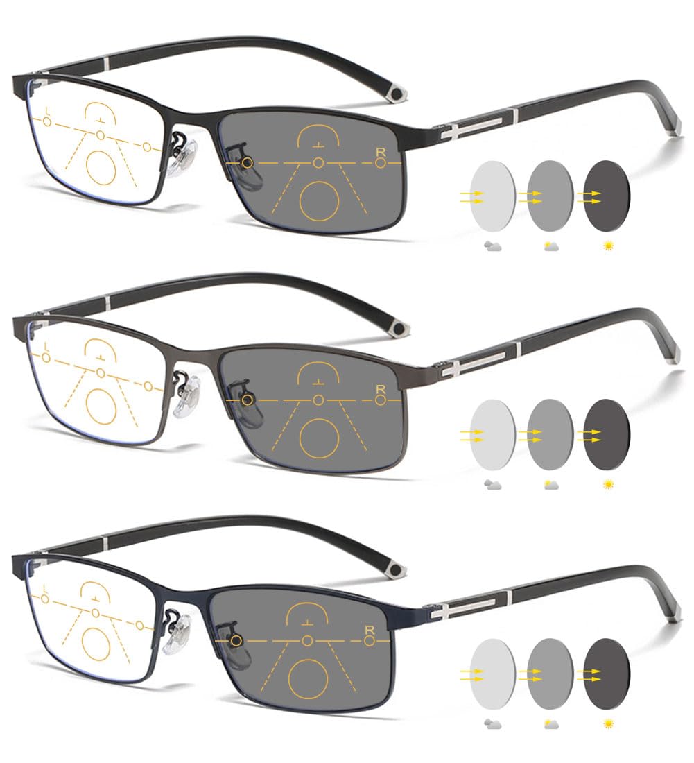 VEVESMUNDO Gafas de lectura fotocromáticas multifocales con filtro de luz azul, de metal, para hombre y mujer