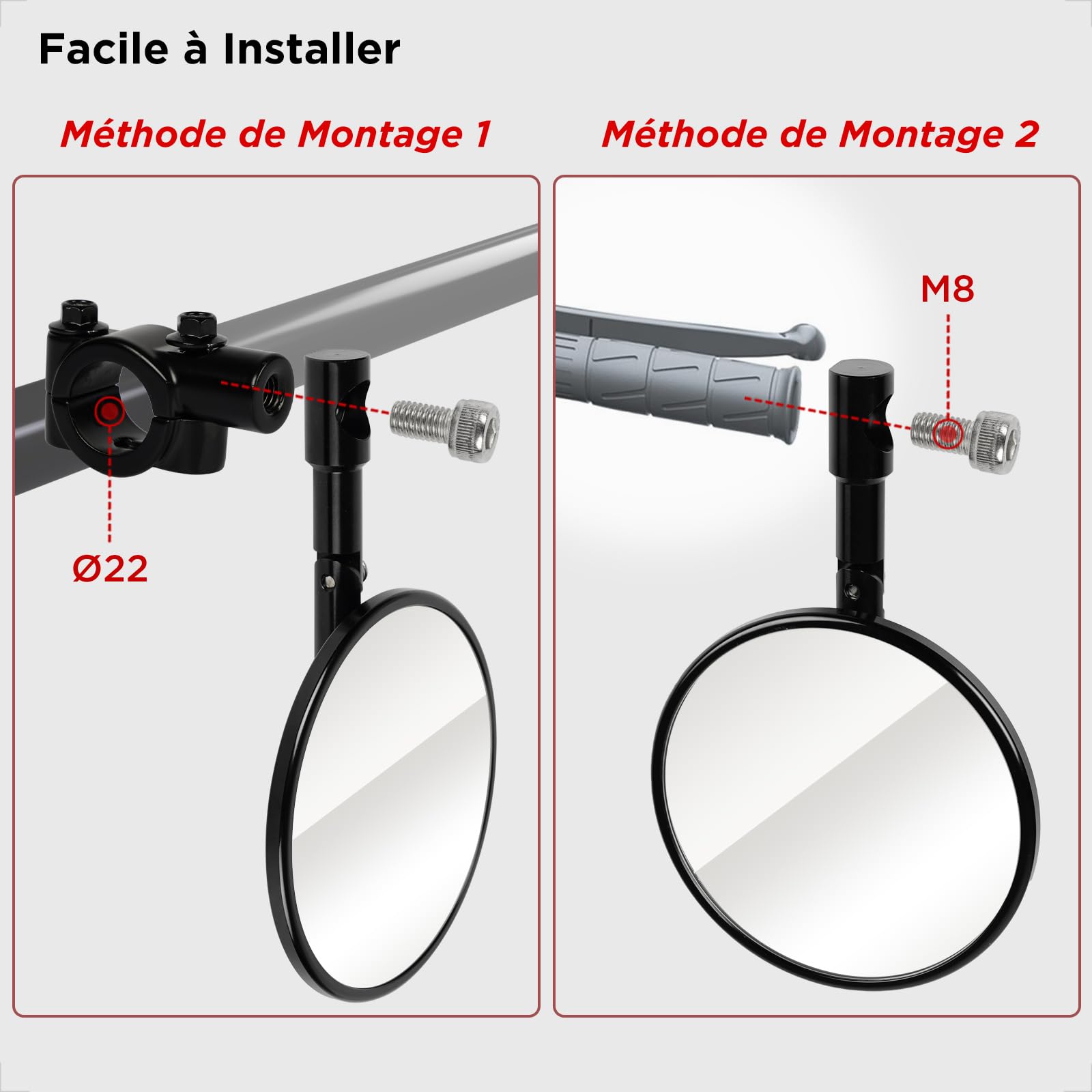 Evermotor Rétroviseur moto, Homologation E24, Rétroviseurs de guidon moto ajustables à 360°, Aluminium, Rond pour Scooters, ATVs, Mopeds, 2 pcs | 2 pièces réglables à 360° en aluminium pour Ø 22 mm et M8 rond pour scooter, ATV, cyclomoteur