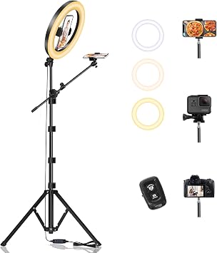 LUXSURE Ring Light, Photography Light, Smartphone Tripod Light with 10.5-Inch Smartphone Stand, 3 Color Modes, 10-Level Dimming, Ring Light Tripod with Good Stability, Smartphone Overhead Shooting