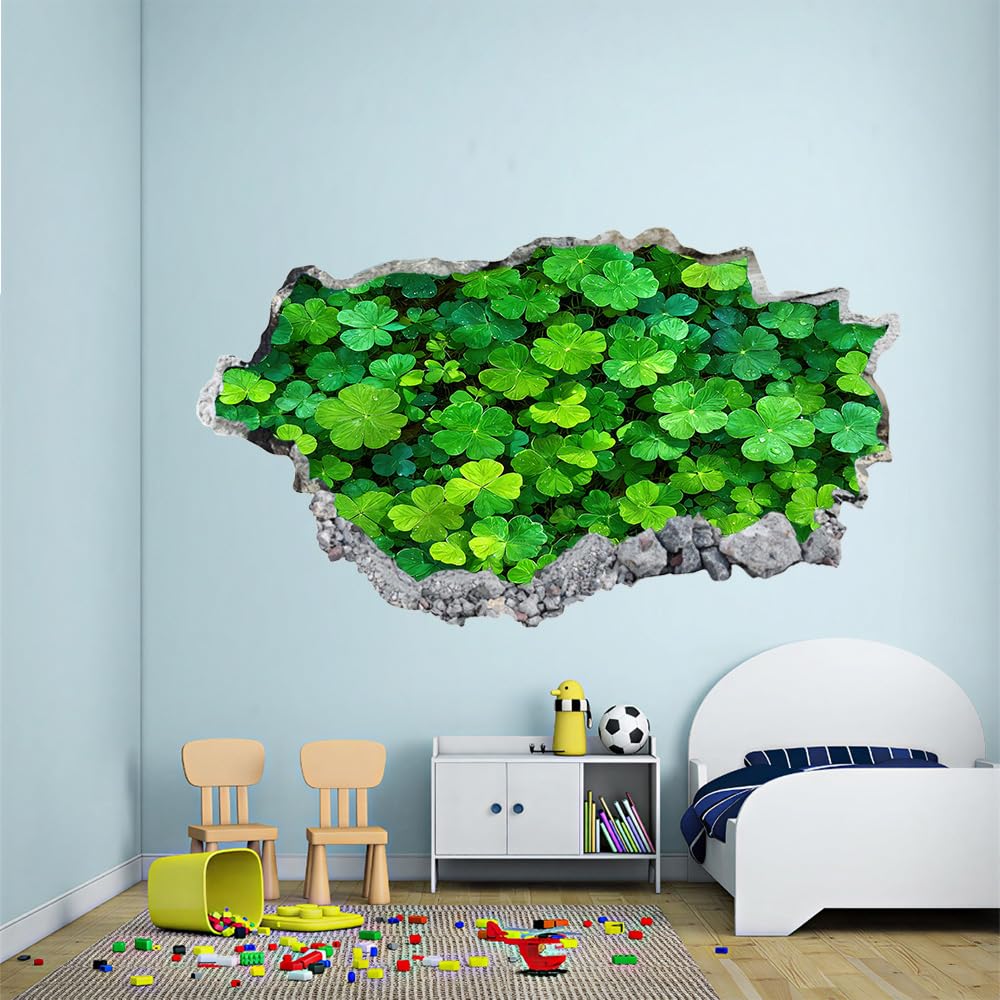 3D Wandtattoo Wanddurchbruch Wandaufkleber, Vierblättriges Kleeblatt Wandsticker Wanddeko Wandbilder, Grünpflanzen Wandaufkleber Für Schlafzimmer Badezimmer Flur Küche Möbel Aufkleber