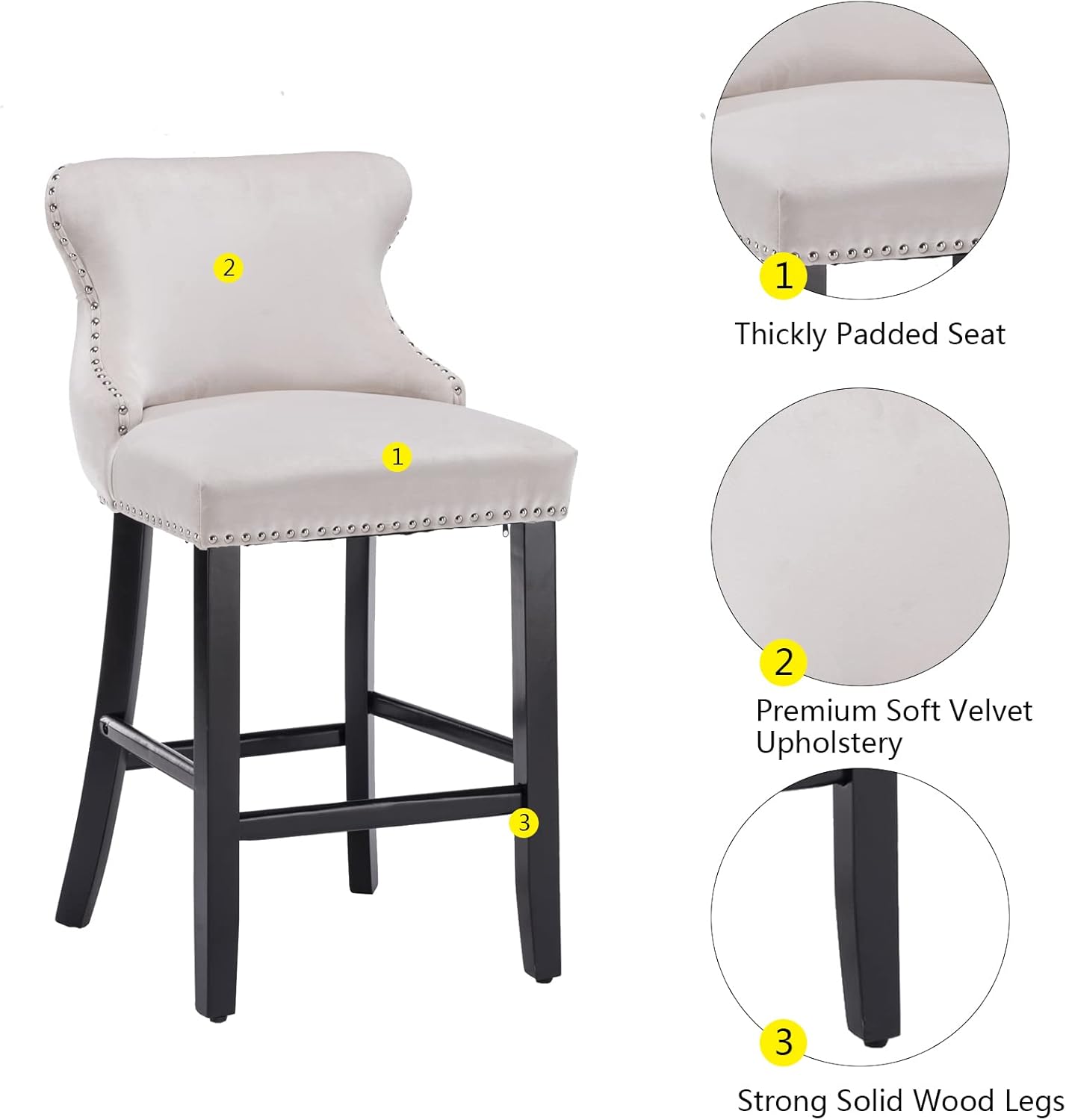 mikibama Velvet Wingback Bar Stools Set of 2, Upholstered Button Tufted Counter Height Bar Stool Chairs with Solid Wood Legs Kitchen Island Padded Barstools with Nailhead Trim (Beige)