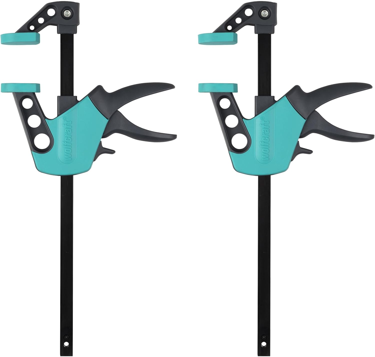 wolfcraft 8681060 Set of 2 Easy One-Handed Clamps - Compact Clamps for Delicate Work - Projection 75 mm - Clamping Force 90 kg - Span 300 mm
