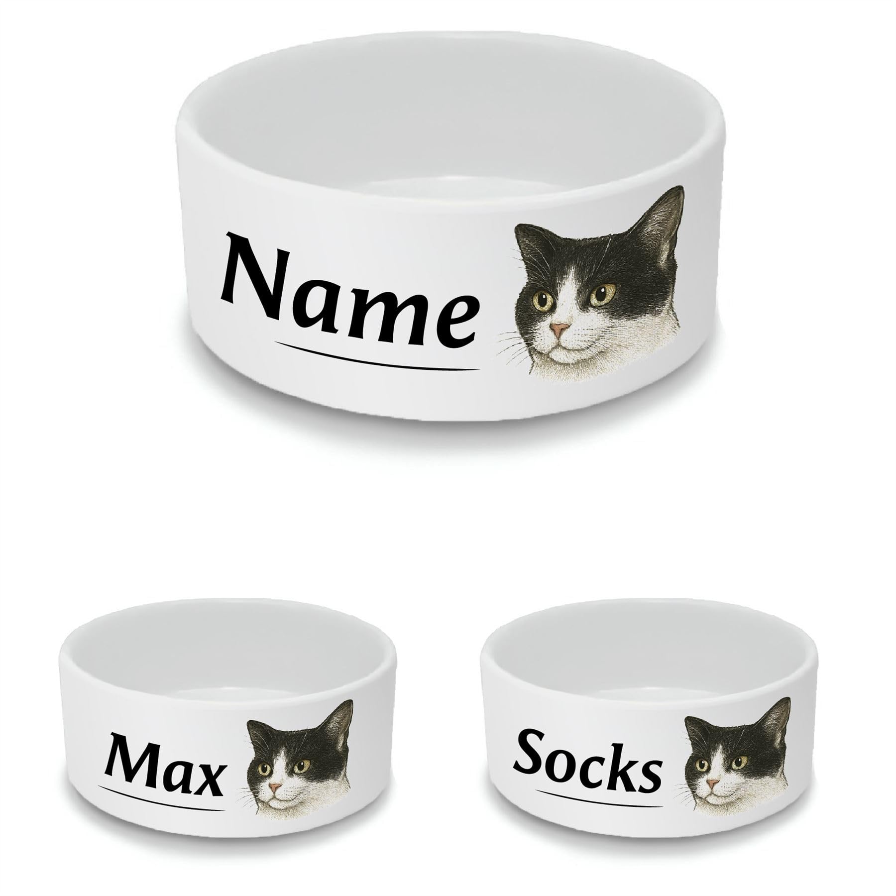 Personalised Ceramic Cat Bowl - Small White Pet Food Dish with Tuxedo Cat Design - Custom Name Cat Bowl 13cm Wide x 5.5cm Deep - Ideal for Small Cats — image 1
