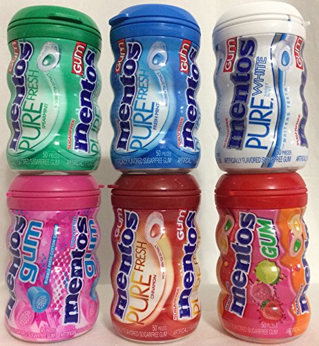 Mentos Gum Collection. Pack of 6 Six Flavors: Spearmint, Bubble Fresh Cotton Candy, Fresh Mint, Cinnamon, Sweet Mint, Red Fruit Lime