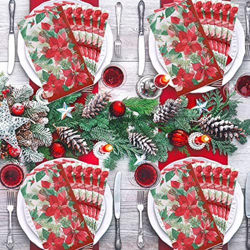 100 Pcs Christmas Poinsettia Paper Napkins Vintage Poinsettia Floral Guest Dinner Napkins Merry Christmas Cocktail Napkins for Xmas Holiday Home Kitchen Christmas Party Supplies