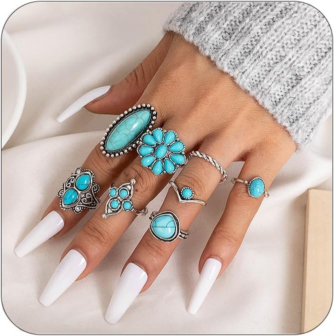 Turquoise Ring for Women Bohemian Stackable Knuckle Rings Set Boho Turquoise Finger Ring Vintage Oval Flower Starfish Teardrop Midi Snake Ring Western Rings Jewelry