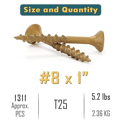 Miniatura 2 de WELLOCKS Tornillos de cubierta #8 × 1 pulgada, caja de 1.2 libras, aproximadamente 306 piezas de color tostado, Torx Drive T25 bits incluidos por