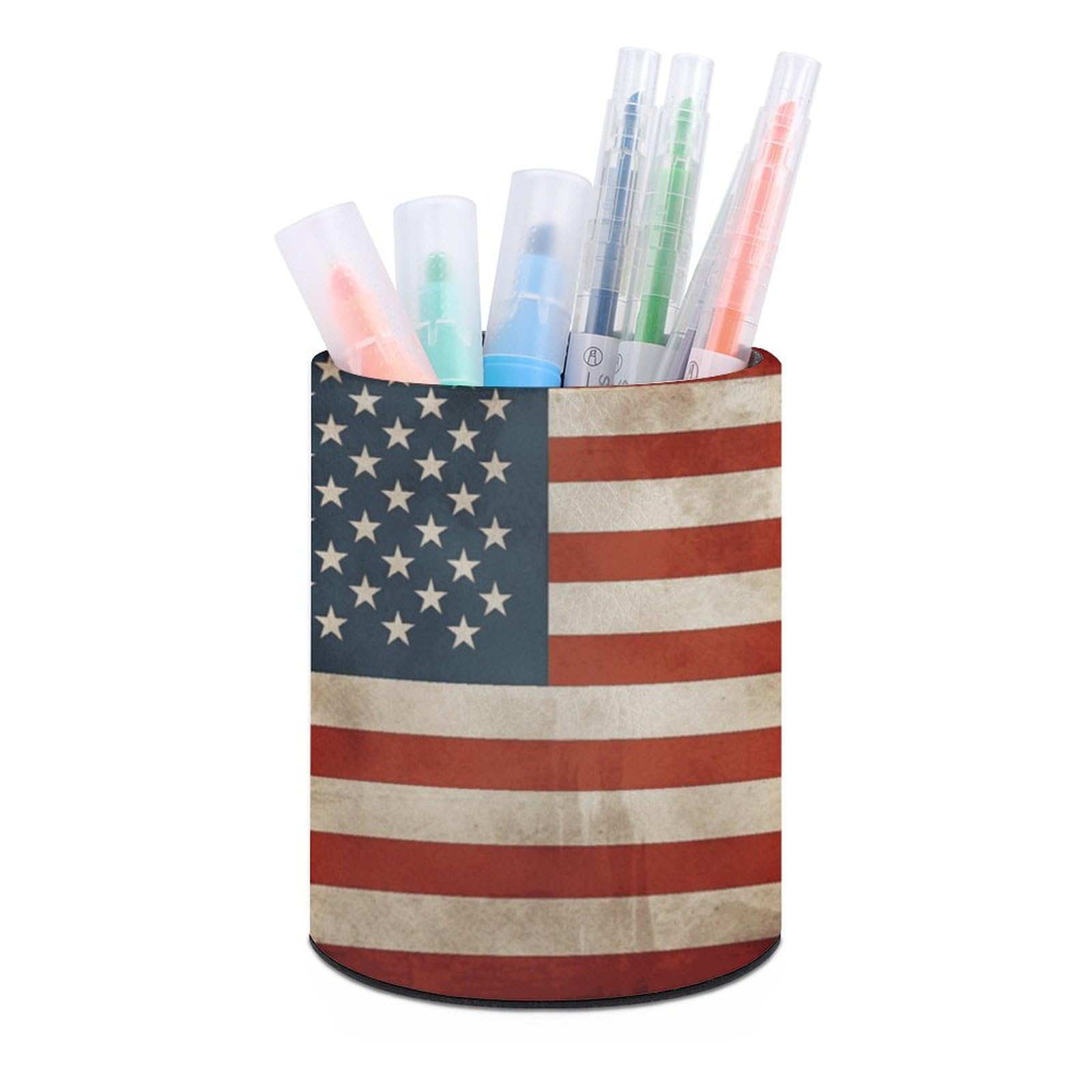 JTREHY Round Pen Holder,Vintage American USA Flag Printed Makeup Brush Storage Box for Home Office Dressing Table