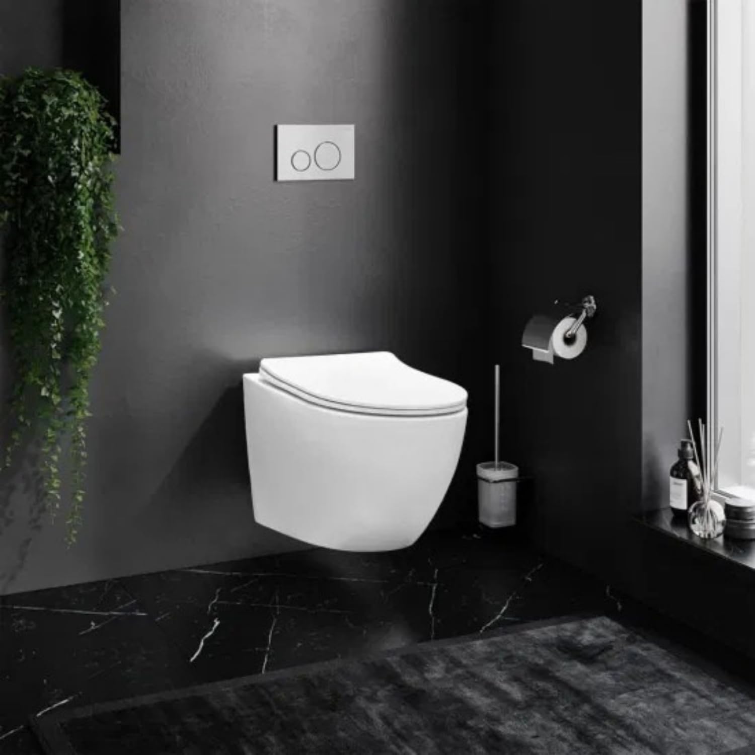 WC Suspendu Mural avec Fixations Invisibles, Sans Bride (Rimless), Abattant Soft-Close Ultra-Fin, Cuvette en Céramique Facile à Nettoyer, Design Moderne Rond Blanc Brillant Gain de Place