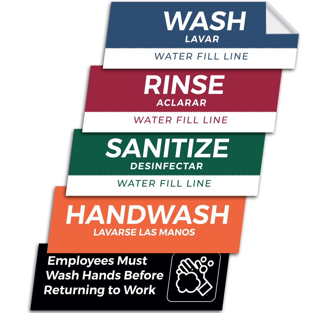 5 Pack Wash Rinse Sanitize Sink Labels, Waterproof Sticker Signs, 3 Compartment Sink Labels - Restaurant Supplies, Food Truck Supplies, Dishwashing Sign Wash Station