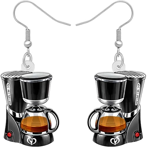 Acrylic Cool Coffee Maker Machine Earrings Bean Grinder Pot Dangle Novelty Jewelry For Women Coffee Drinker Lovers Gifts (Brown)