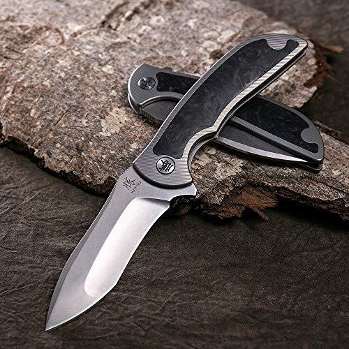 Katsu Folding Camping Japanese Knife, Titanium & Carbon Fiber Handle, Frame Lock, Edc Knife W/ S35Vn Steel Stonewashed Multi-Ground Blade, Pocket Clip, Leather Sheath #TOP6