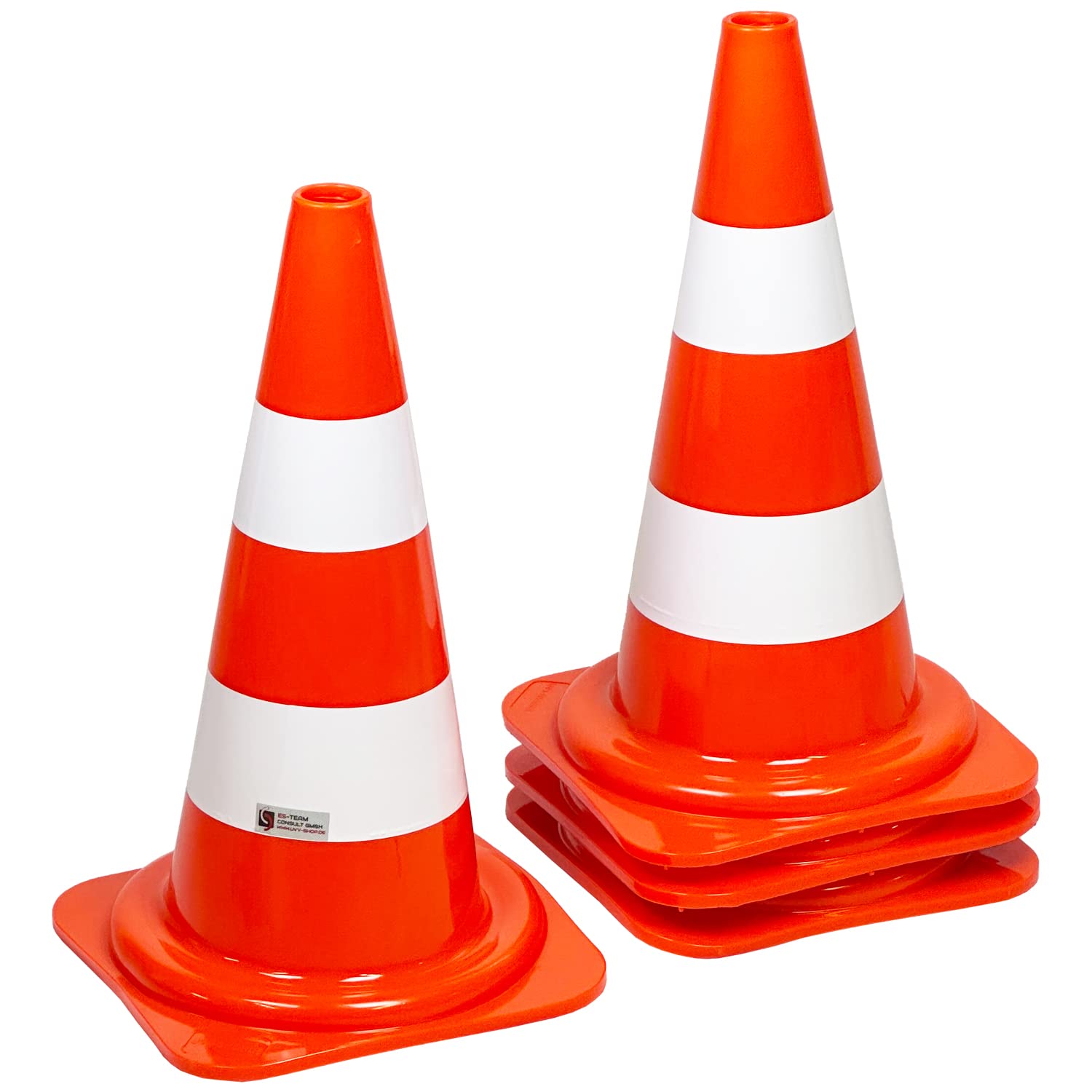 UvV 4 x 50 cm Leitkegel Warnleitkegel Pylon 1,2 kg schwer 500 mm Verkehrshütchen Kegel Orange mit 2 weissen Streifen (Folie) stapelbar Hergestellt in Delbrück (Orange-Weiss)