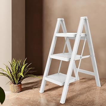 ISOP 3 Step Ladder White | Folding Standing Ladder | Wide Anti-Slip Pedal 500 lbs Sturdy Ladder | Lightweight, Portable, Compact- 3-Step Ladder | Three Rung Ladders | Foldable Durable and Heavy Duty