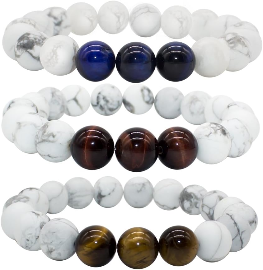 Anbivi Bivei Mens Womens Natural Real White Howlite Gemstone Beads Elastic Bracelets W/3 Tiger Eye Stones - Stress Relief, Calm, Yoga Meditation, Crystal Healing