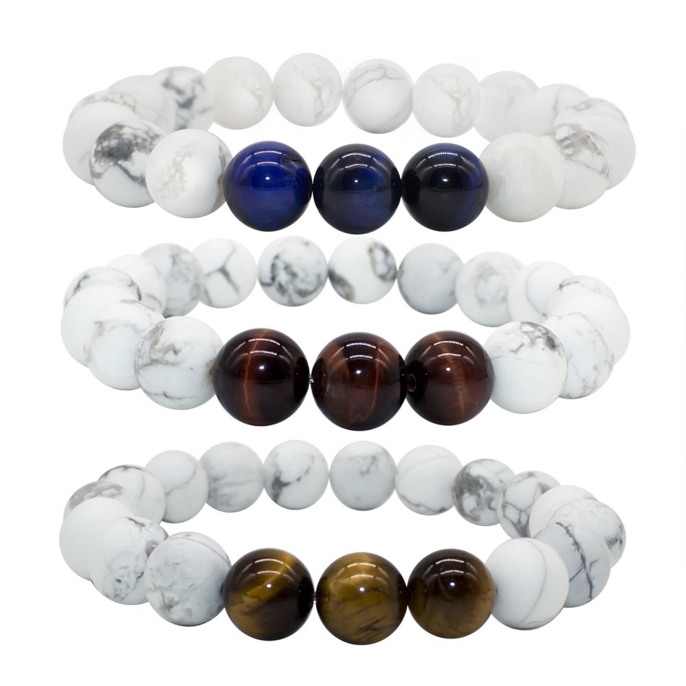 Anbivi Bivei Mens Womens Natural Real White Howlite Gemstone Beads Elastic Bracelets W/3 Tiger Eye Stones - Stress Relief, Calm, Yoga Meditation, Crystal Healing