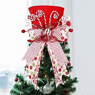 Foldable Christmas Tree Topper Hat With Candy Cane Bow Decoration, Cloth Festive Holiday Ornament For Home Table Centerpiece, Red,White And Green