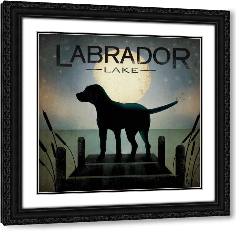 Fowler, Ryan 15x15 Black Modern Framed Art Print Titled Moonrise Black Dog - Labrador Lake
