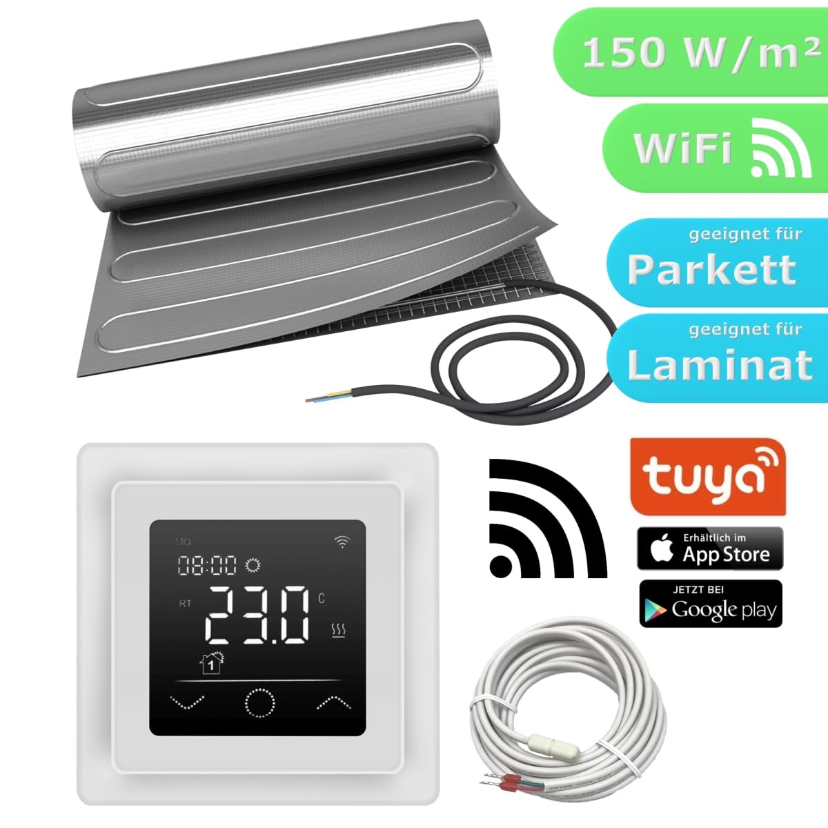 Elektrische Fußbodenheizung HoWaTech ALU für Laminat Parkett Vinyl Komplett Set TWIN Heizmatte 150 W/m² inkl. Thermostat WLAN WIFI Touch weiß, Heizfläche:4.50m²