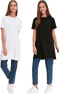 ترنديول تي شيرت اساسي محبوك برقبة دائرية ضيقة واكمام قصيرة للنساء باللونين الاسود والابيض من قطعتين TCTSS21UK0009