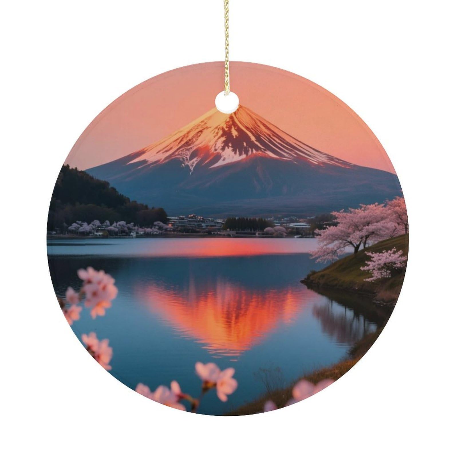 Personalized Christmas Ornaments 2025 Ceramic Hanging Sunset Fuji Reflection Ornaments with Gold String Double-Sided Vintage Holiday Decorations for Tree Mantel Tabletop Xmas Party Favors