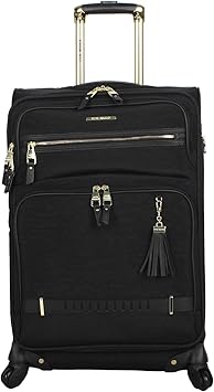 Steve Madden Designer Luggage Collection - Lightweight 24 Inch Expandable Softside Suitcase - Mid-size Rolling 4-Spinner Wheels Checked Bag Black, 24in