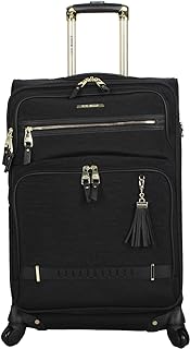 Designer Luggage Collection - Lightweight 24 Inch Expandable Softside Suitcase - Mid-size Rolling 4-Spinner Wheels Checked Bag (Black, 24in)