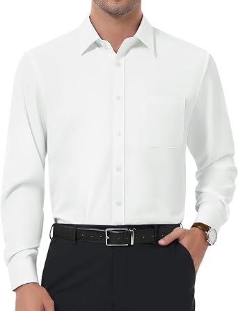 DEMEANOR Mens Dress Shirt Slim Fit Stretch Wrinkle Free Long Sleeve Button Down Shirts Formal Business Top with Pocket
