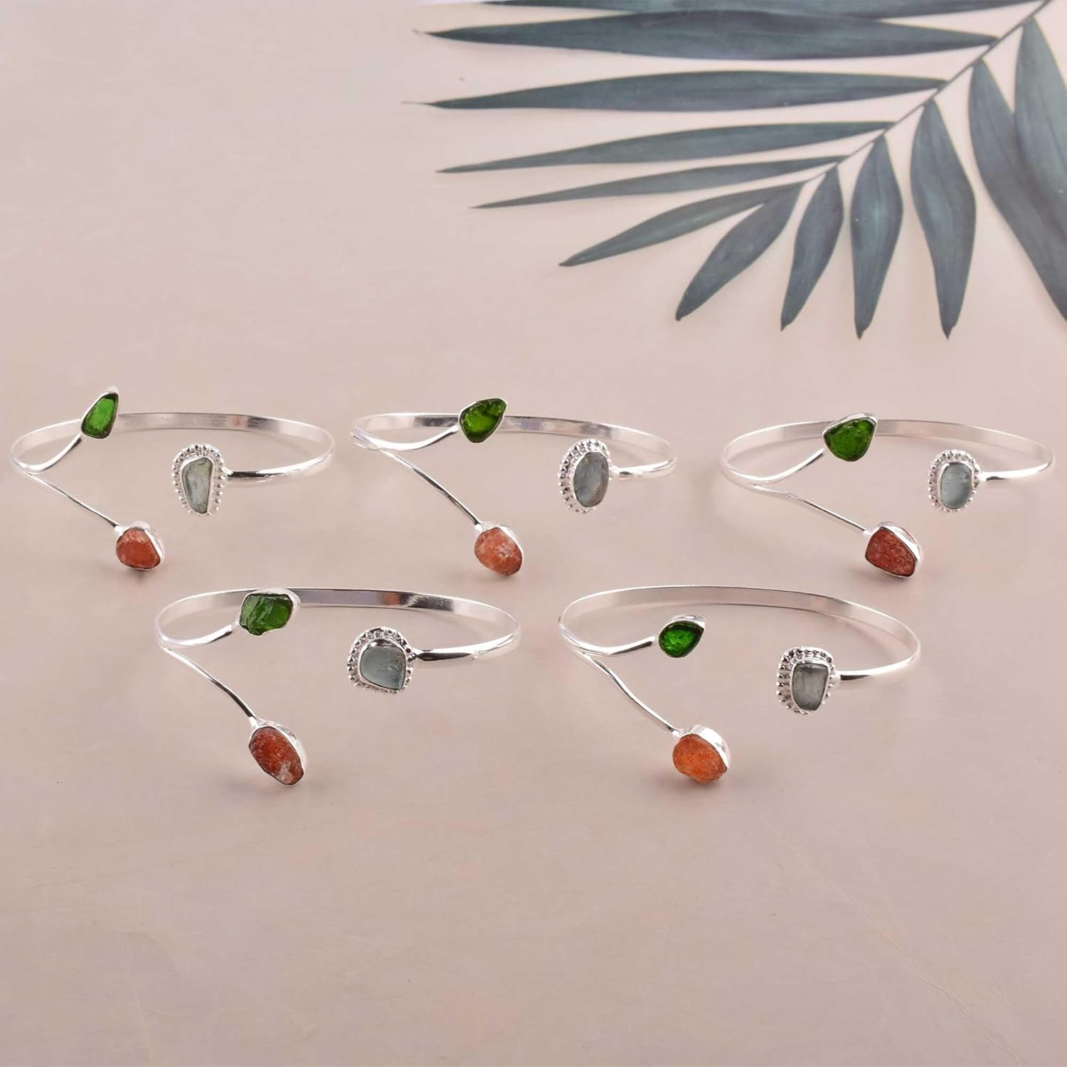 Natural Raw Sunstone, Chrome Diopside and Aquamarine Cuff Bracelet, Healing Crystal Cuff Bracelet, Bangle Bracelet, Rough Gemstone Bracelet, Birthstone Jewelry, Jewelry For Woman - Image 9