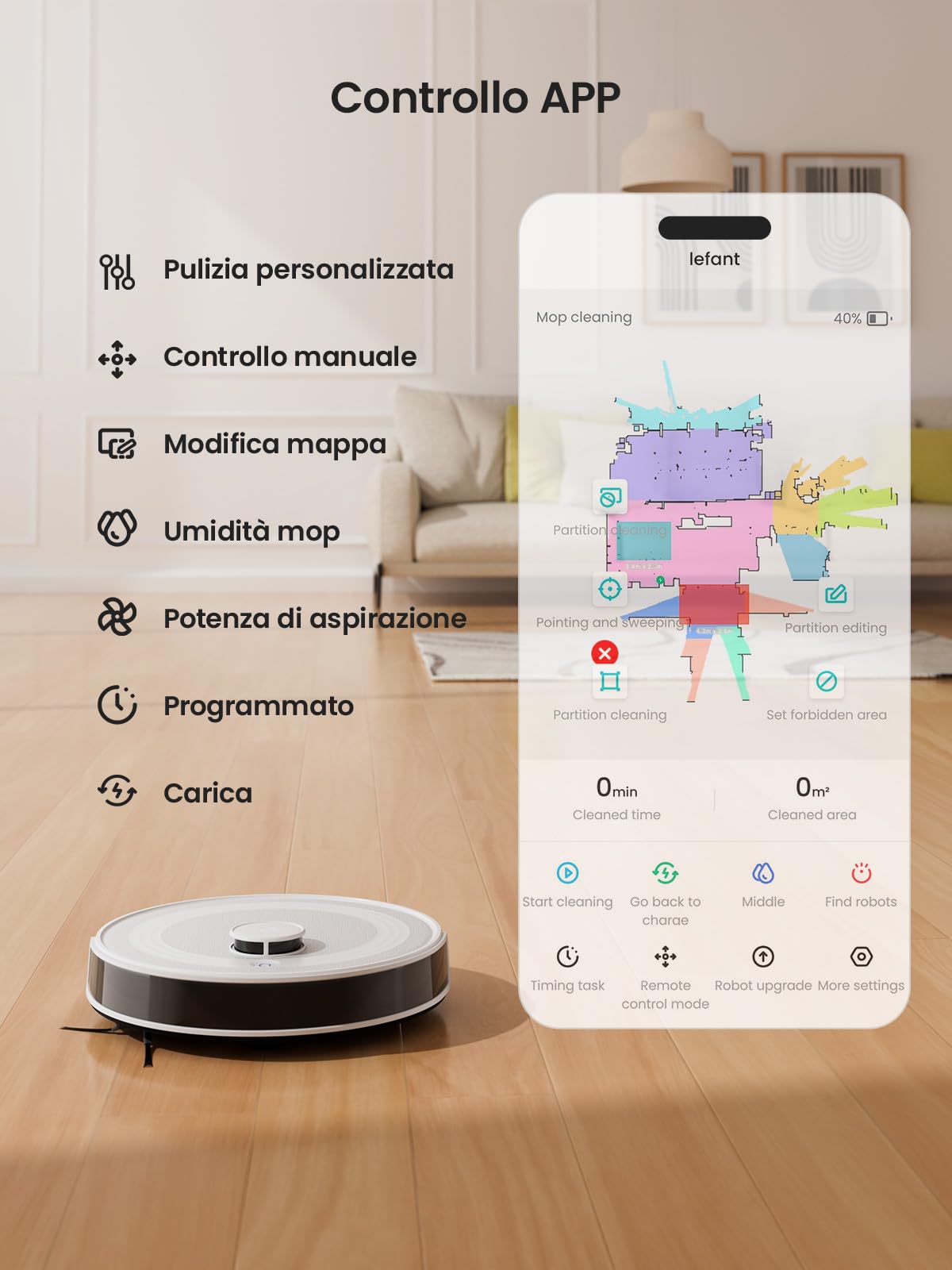 LEFANT M2 Robot Aspirapolvere Lavapavimenti Con Mappatura,Aspirazione 6000 Pa,Navigazione Laser Tecnologia PSD Avoidance,Pulizia Personalizzata,Autonomia di 160 minuti,Controllo tramite APP/Alexa/WiFi