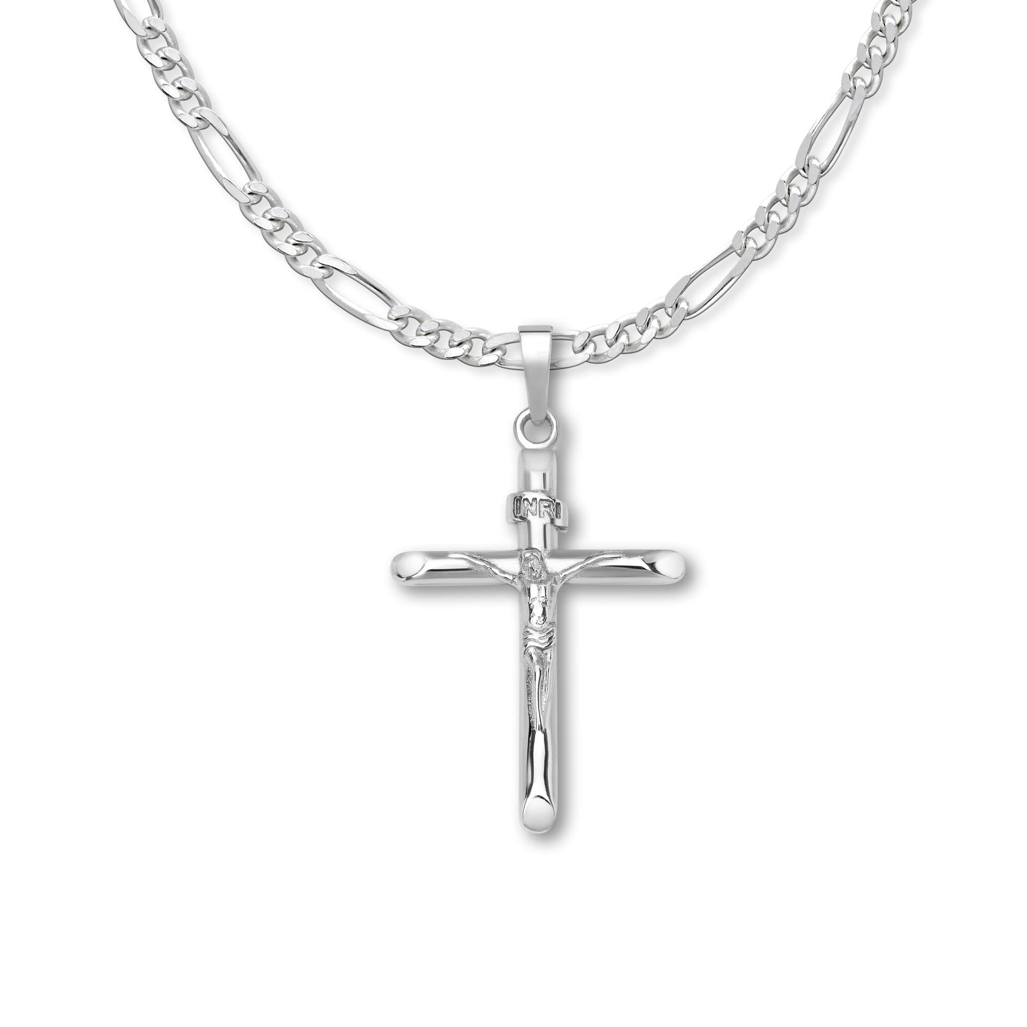 Silver Shoppe Jewelry Solid Sterling Silver INRI Crucifix Cross Necklace with Italian Figaro Chain For Men and Women - Choice Of Lengths
