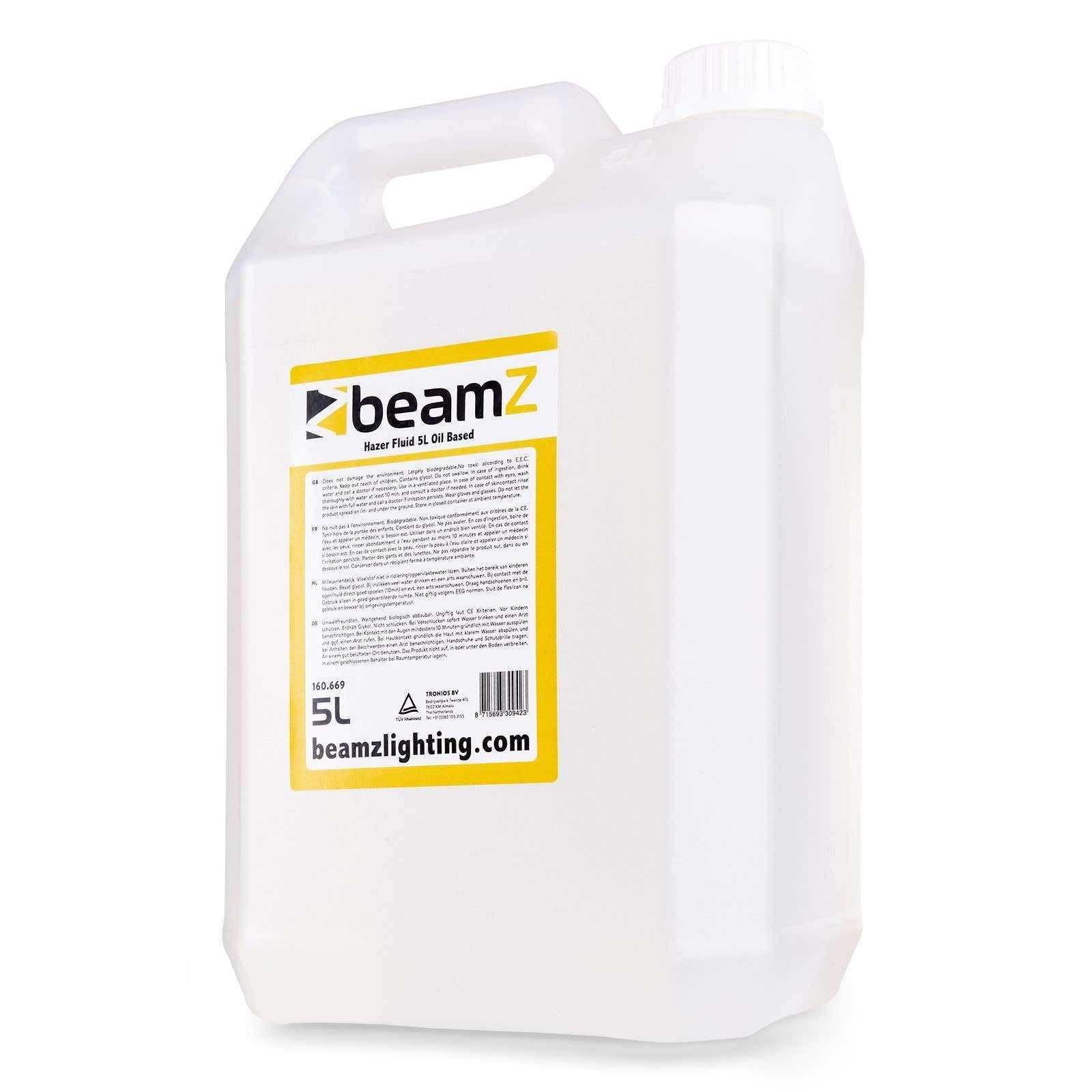 BeamZ FHF50 - Liquido de niebla, Haze Fog Machine Liquid 5L - Líquido a base de aceite, alto rendimiento, incoloro, inodoro y no inflamable, dispersión lenta, Made in EU