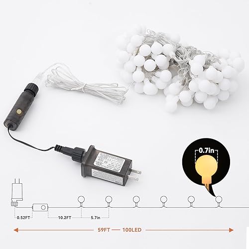 Miniatura 7 de Dailyart Guirnalda de luces tipo globo, 100 luces LED de 59 pies, impermeables, con enchufe, 8 modos con control remoto, brillo ajustable y