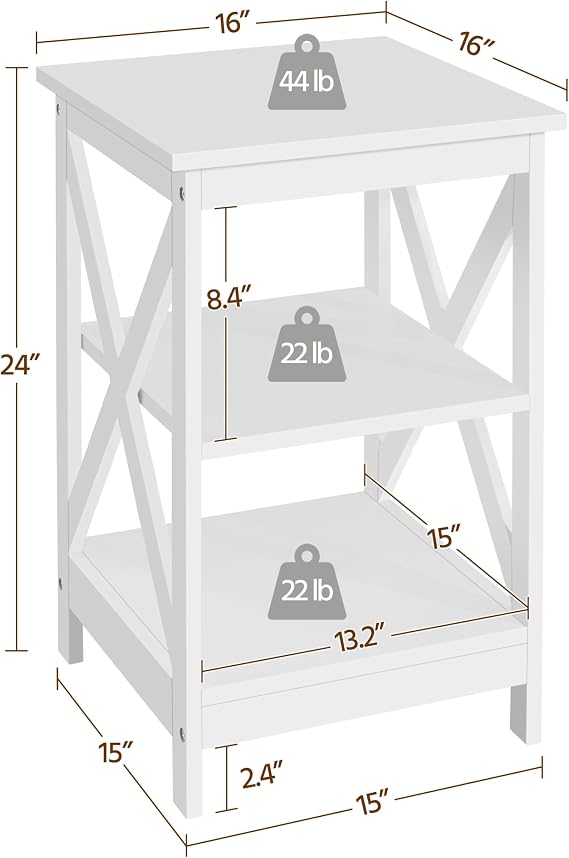 Yaheetech End Tables Set of 2, 3-Tier Side Tables with Storage for Living Room, Sturdy X Design Wooden Large Sofa Side Table Storage Cabinet with Shelves, 16x16x24(LxWxH), White