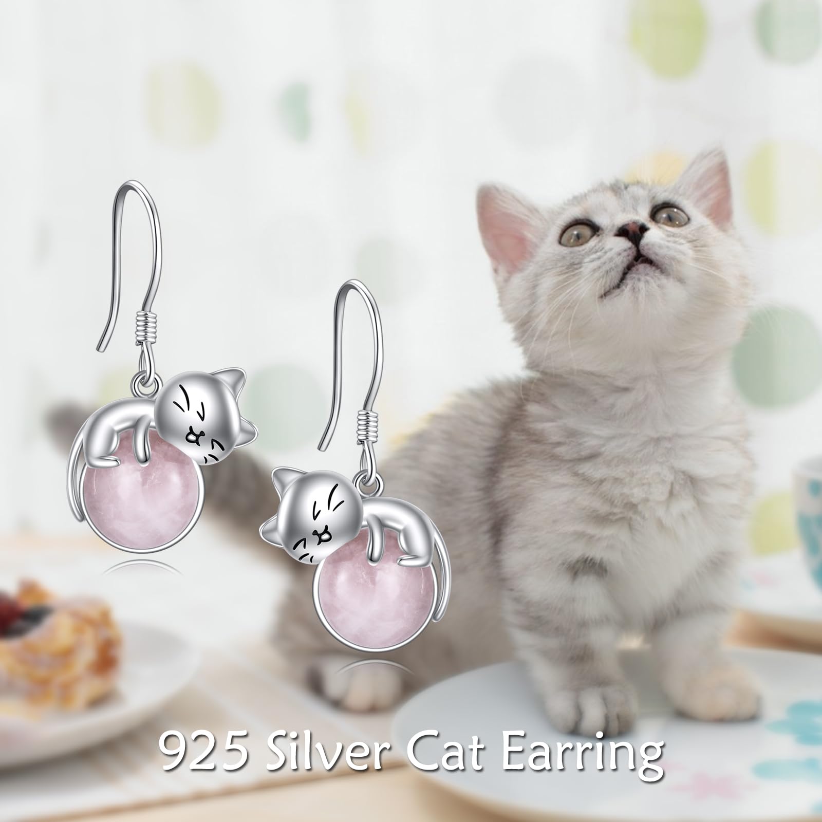 Vadmans Katze Koala Ohrringe Sterling Silber Rosenquarz Mondstein Perlenschmuck Geschenke für Damen Frauen