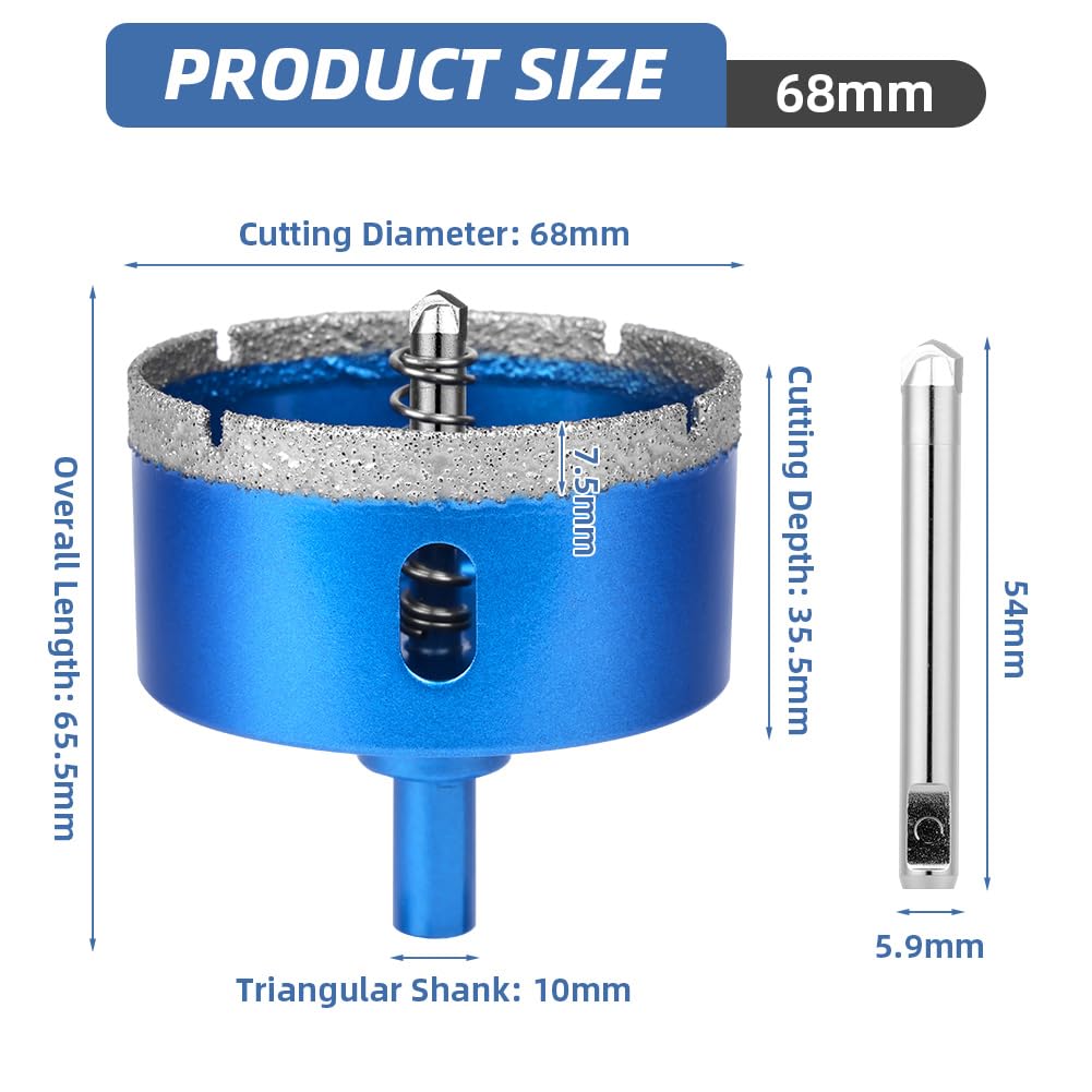 Flintronic Broca Diamante, 68mm Broca Diamante Porcelanico, Sierra de Campana de Diaman-te Soldada Al Vacío con Guía de Centrado, para Azulejos, Porcelana, Vidrio, Mármol y Cerámica