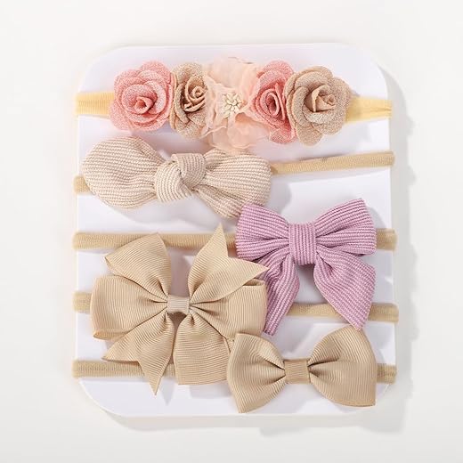 5 faixas de cabelo com laço de nylon com flores feitas à mão, laços finos, elásticos, acessórios de cabelo para mulheres jovens - rosa