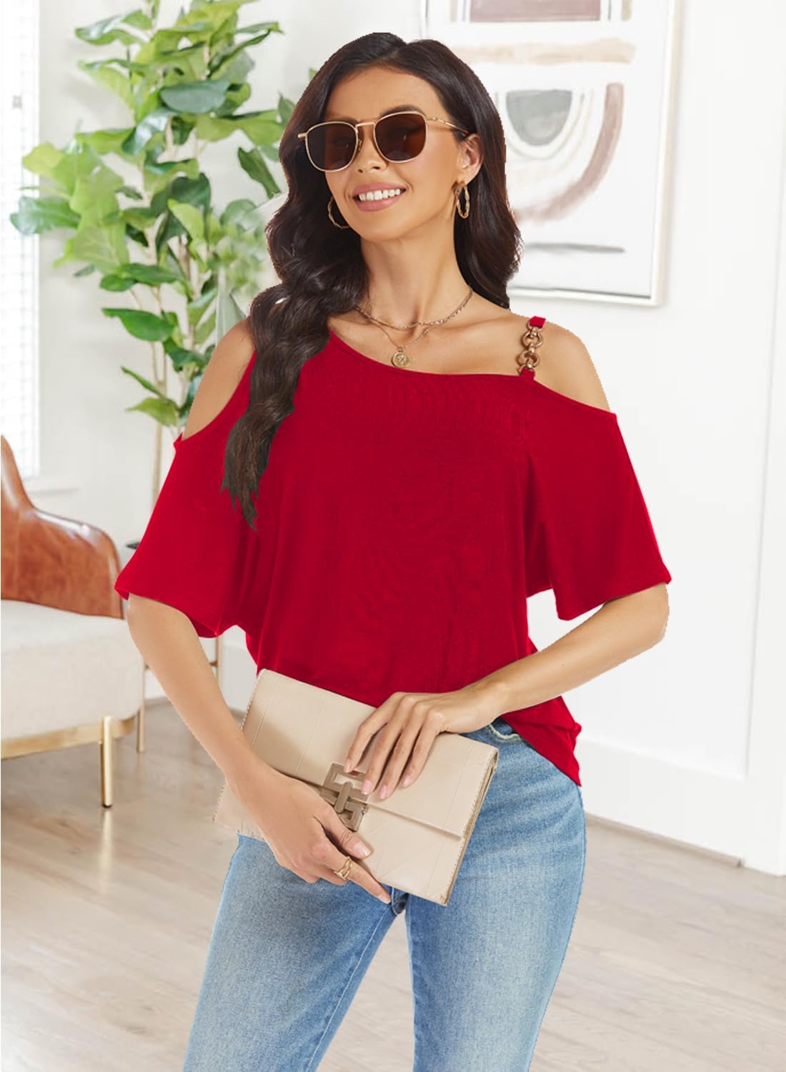 LEIYEE Womens Summer Black Cold Off Shoulder Tops 2026 Sexy Casual Cute Short Sleeve Loose Fit T Shirts Blouse - Image 4