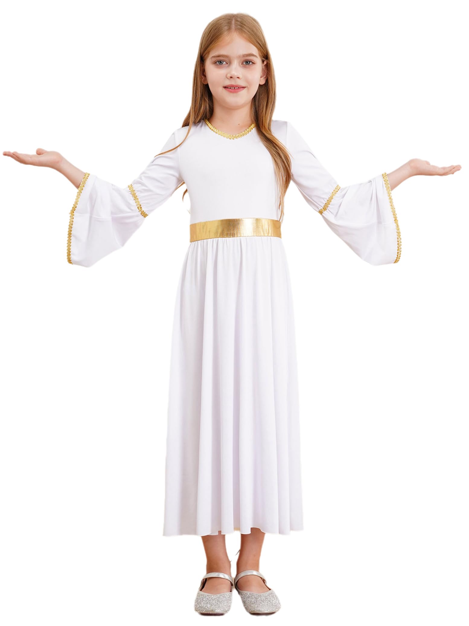Yihuimin Girls Ancient Greek Toga Bell Long Sleeve Gold Waist Maxi Prayer Dance Dress White 7-8 Years