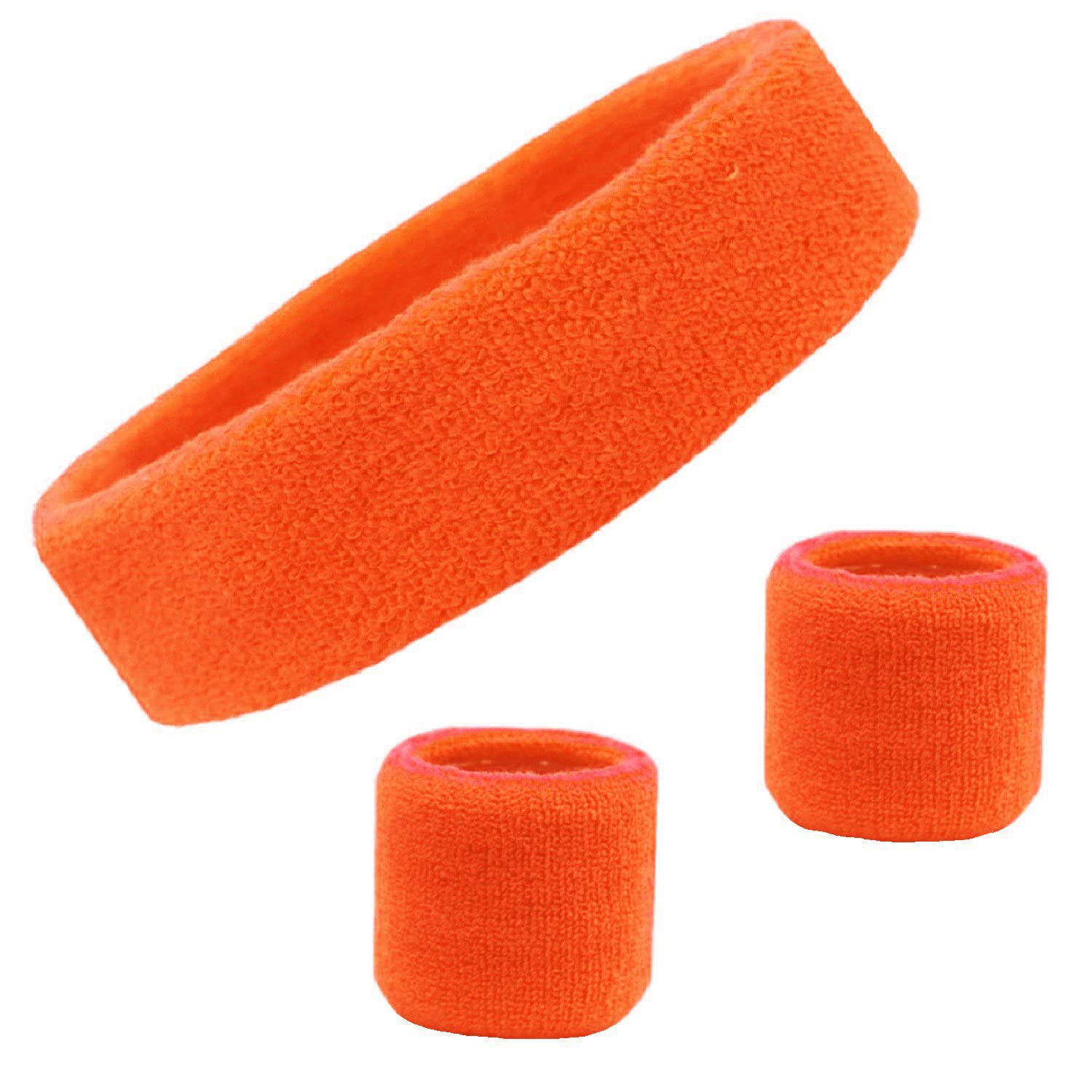 Sweatband Set Cotton Sports Headband Terry Cloth Wristband Moisture Wicking Sweat Absorbing Head Band Athletic Exercise Basketball Wrist Sweatbands and Headbands by Kenz Laurenz (Orange)-image-44