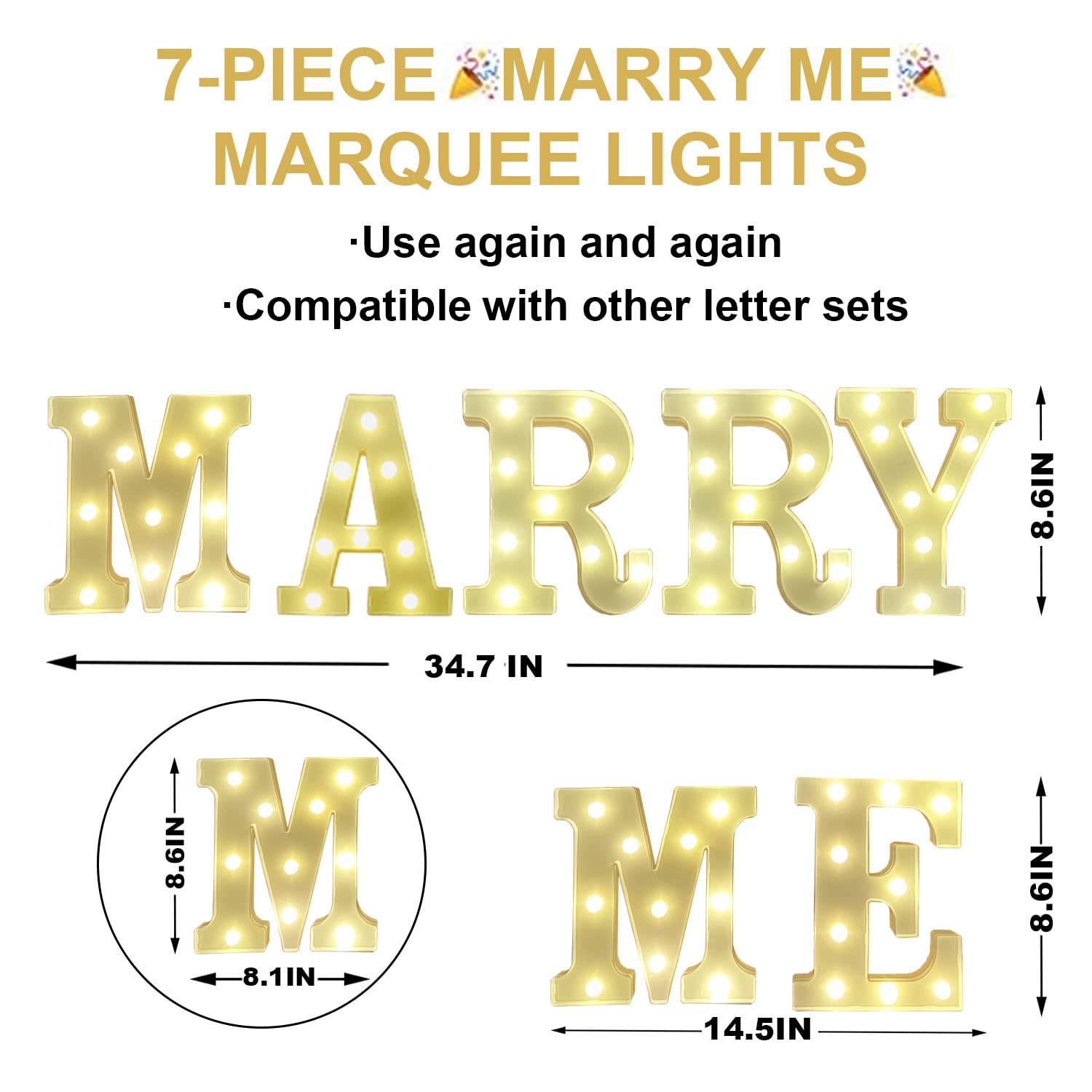 JUICYRAUL 7 letras LED de marquesina con luces LED para marquesina, letras de marquesina, números de letras iluminados para propuesta romántica, letrero de boda, letrero de compromiso