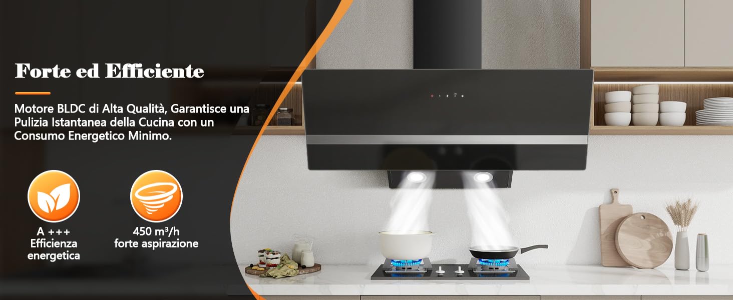 Cappa Aspirante Inclinata 90cm 450 m³/h 3 Livelli Boost Filtri Carbone Touch LED Vetro Nero